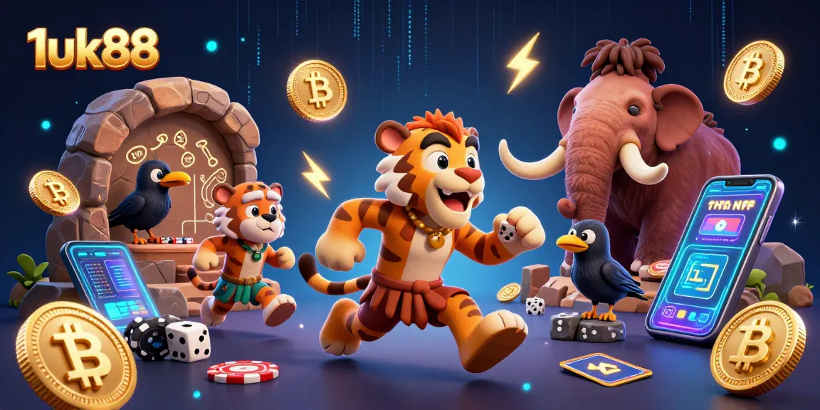 Engage with thrilling slots at 1uk88 with caveman and sabertooth tiger duo in a vibrant casino.